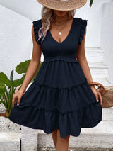 Ruffled V-Neck Cap Sleeve Dress - Trendsi - Flyclothing LLC