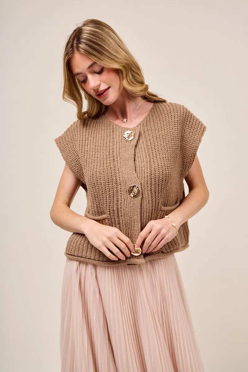 SO ME Big Metal Button Front Sweater Vest - Trendsi - Flyclothing LLC