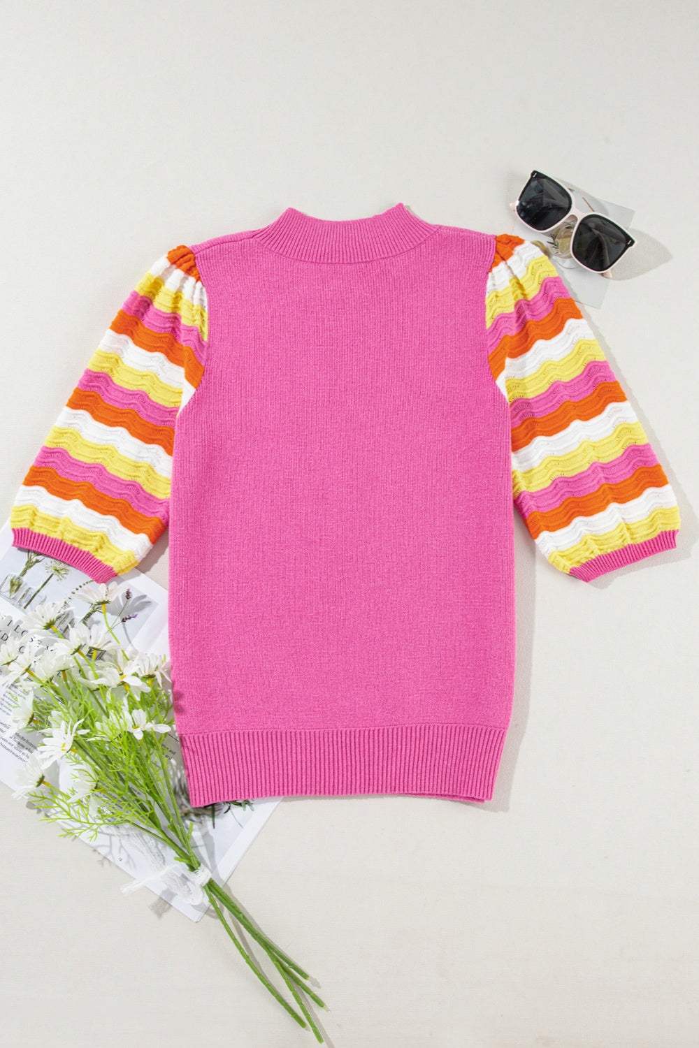 Contrast Half Sleeve Knit Top - Trendsi - Flyclothing LLC