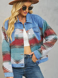 Geometric Button Up Dropped Shoulder Denim Jacket - Trendsi