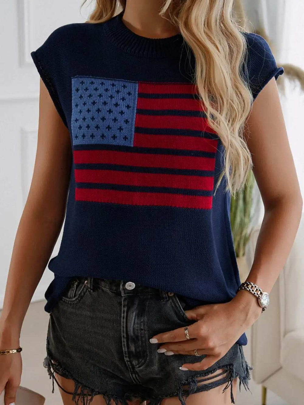 Devine US Flag Round Neck Sweater Vest - Trendsi - Flyclothing LLC