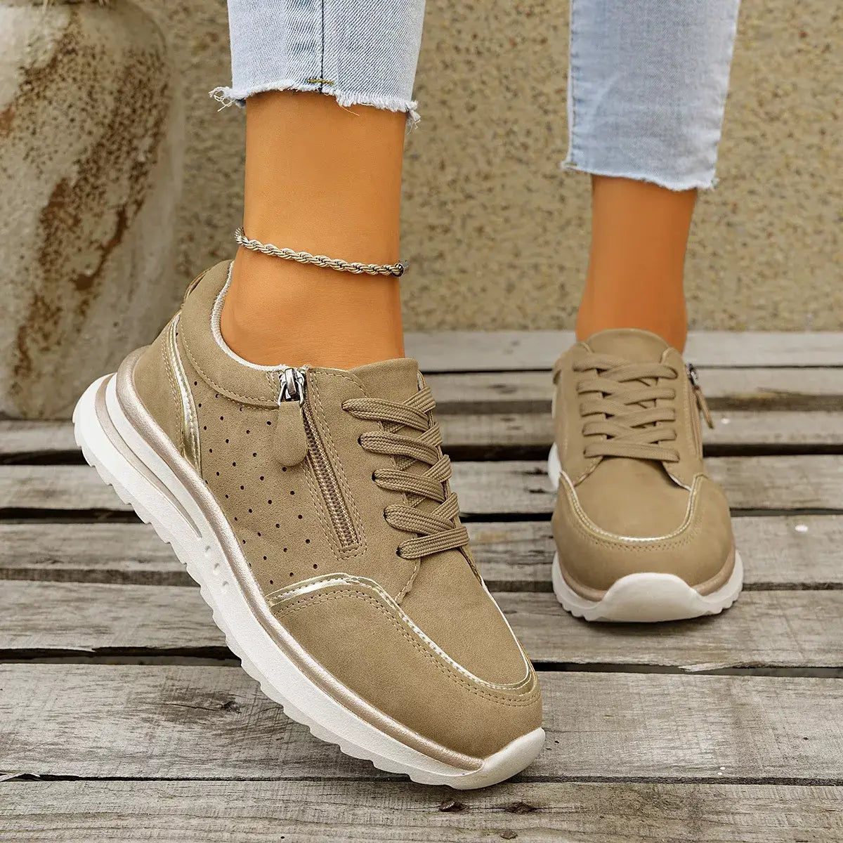 Round Toe Lace Up Sneakers - Trendsi - Flyclothing LLC