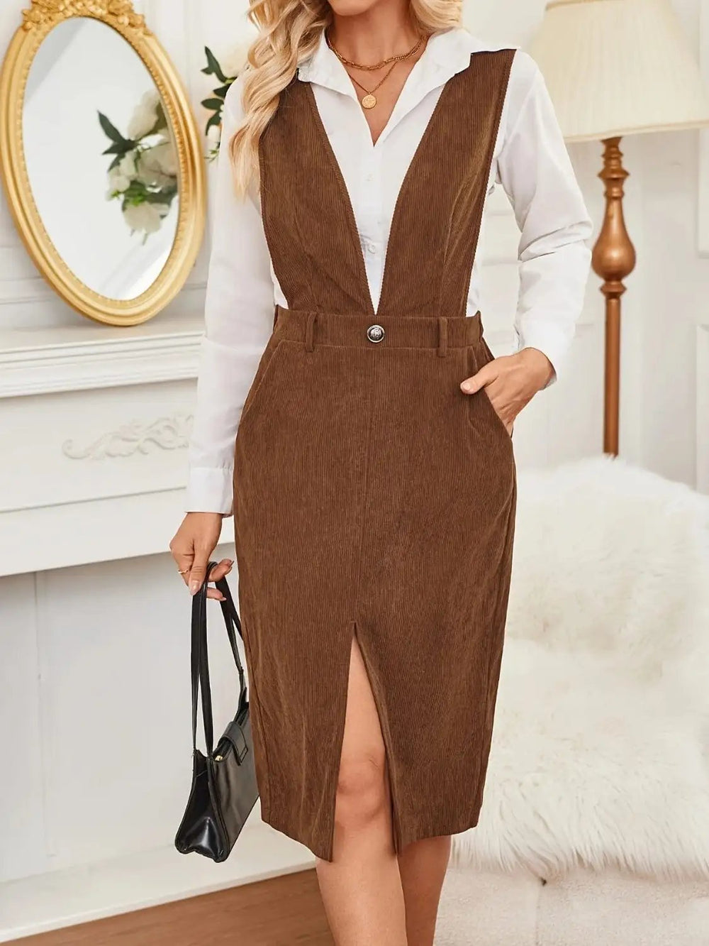 Front Slit Overall Dress with Pockets - Trendsi