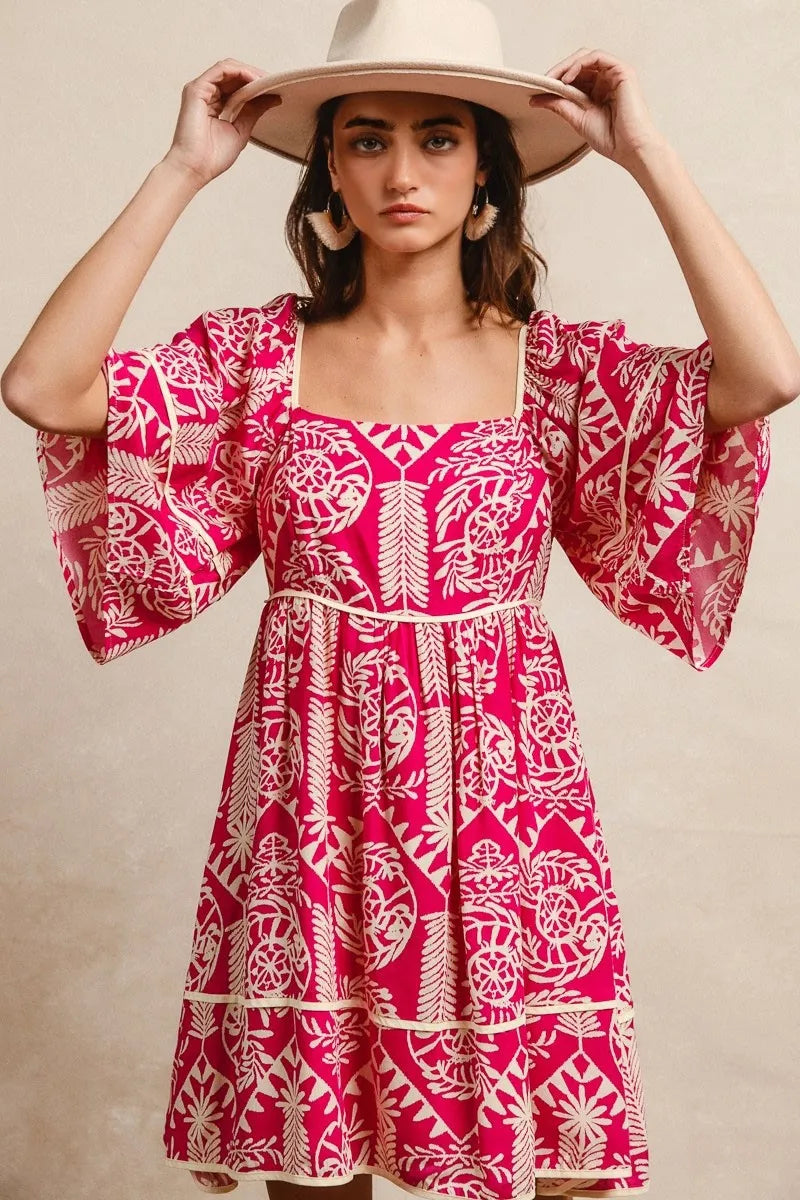 BiBi Aztec Woven Printed Contrast Binding Dress - Trendsi