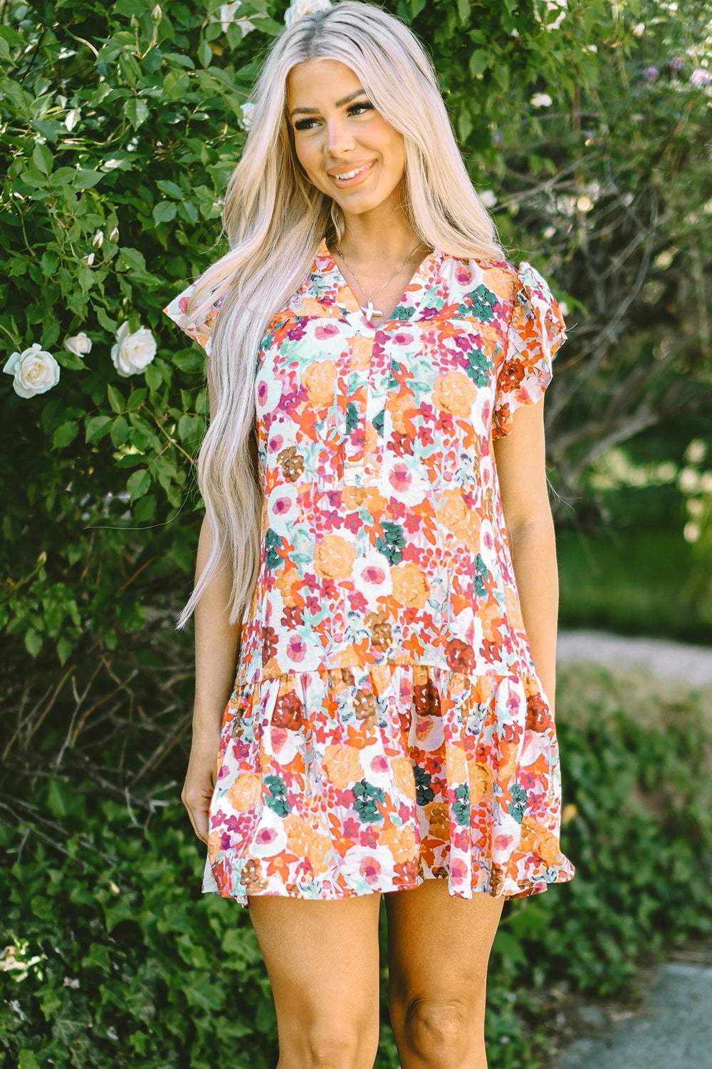 Ruffled Printed Cap Sleeve Mini Dress - Trendsi - Flyclothing LLC