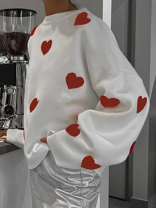 Valentine’s Day Heart Round Neck Long Sleeve Sweater - Trendsi - Flyclothing LLC
