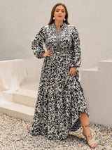 Plus Size Floral Print Long Sleeve Tiered Maxi Dress - Trendsi - Flyclothing LLC