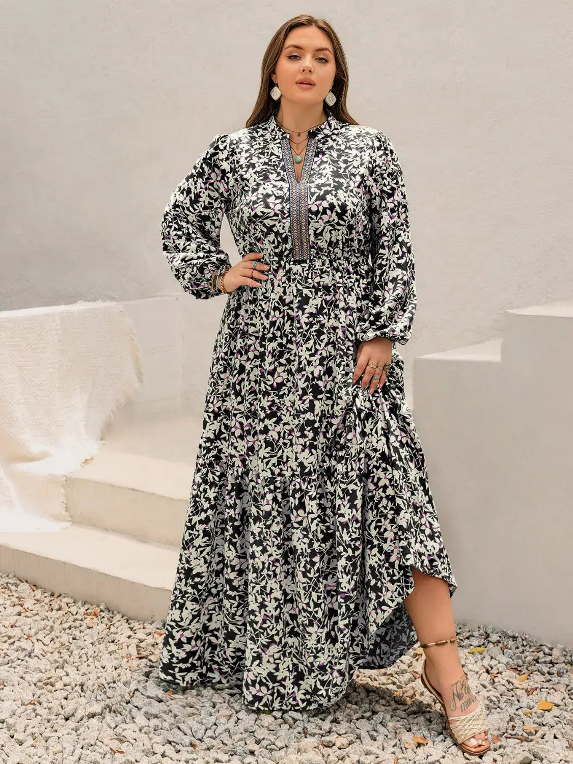Plus Size Floral Print Long Sleeve Tiered Maxi Dress - Trendsi - Flyclothing LLC