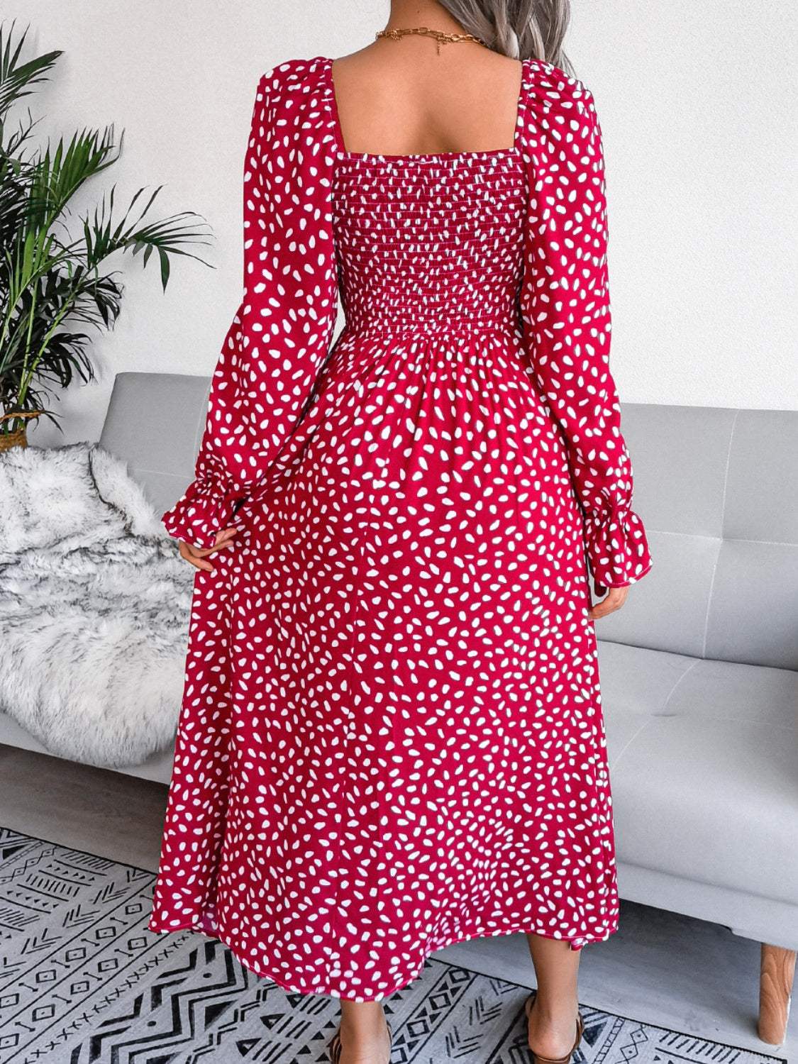 Smocked Square Neck Flounce Sleeve Dress - Trendsi - Flyclothing LLC