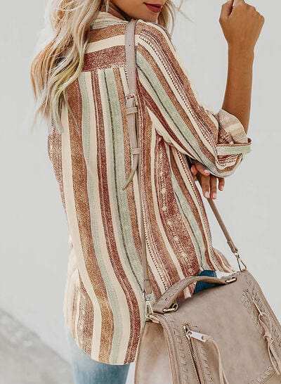 Striped Collared Neck Long Sleeve Shirt - Trendsi - Flyclothing LLC