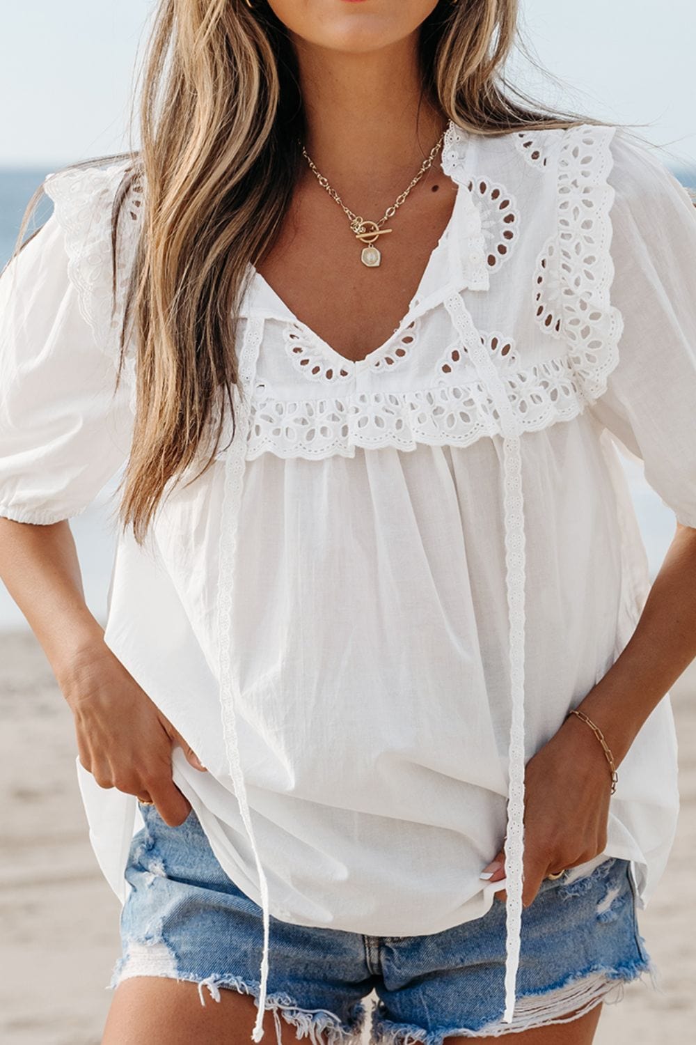 Lace Patchwork Tie Neck Short Sleeve Blouse - Trendsi