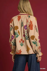 Umgee Floral Print Flounce Sleeve Blouse - Trendsi - Flyclothing LLC