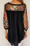 Floral Embroidered Sleeve Round Neck Blouse - Trendsi