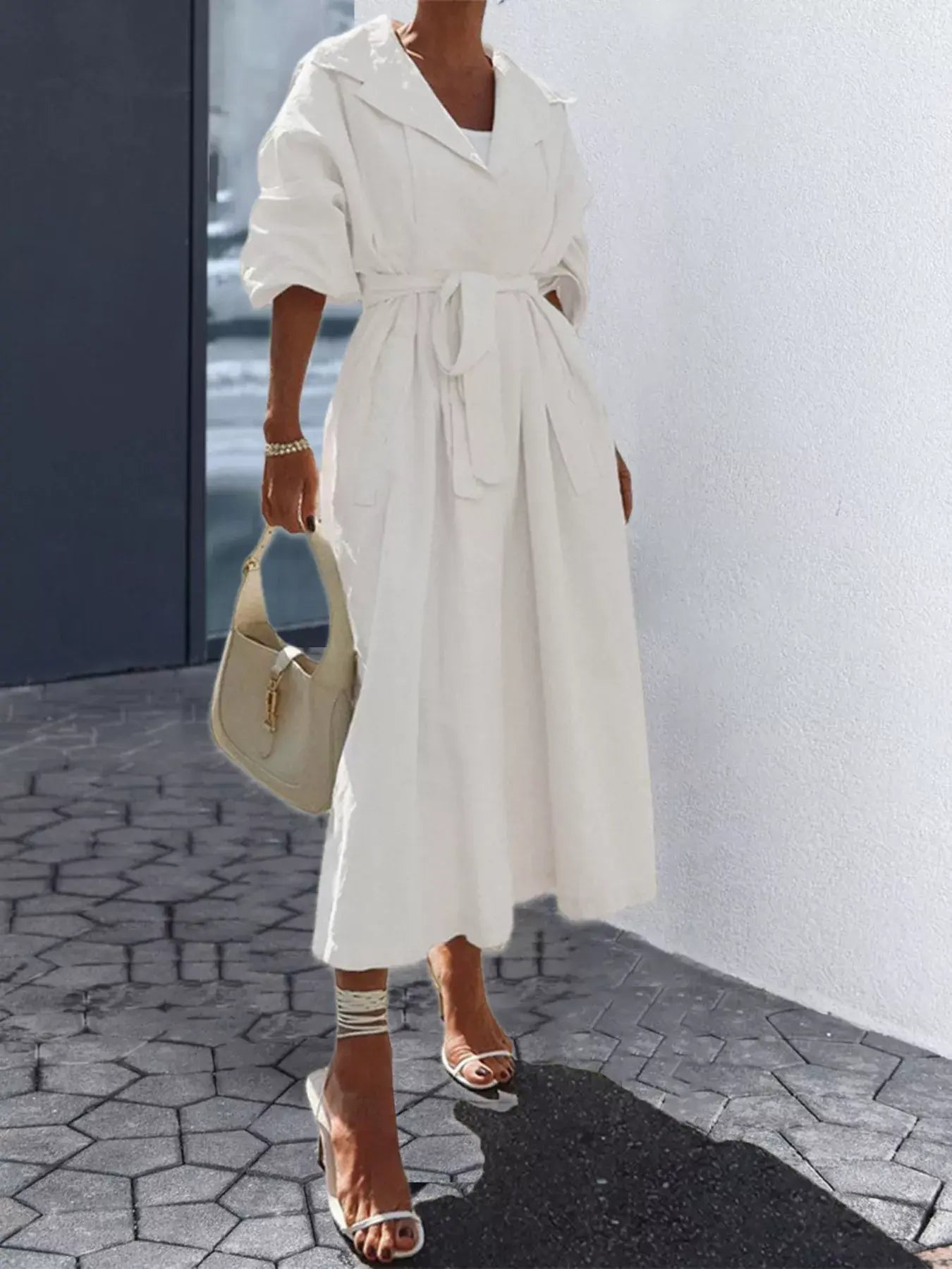 Tie Waist Midi Shirt Dress - Trendsi - Flyclothing LLC