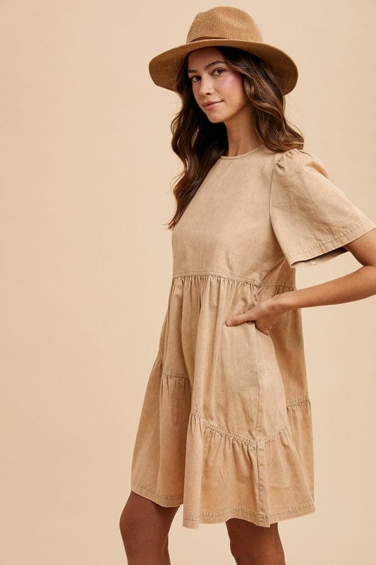 Annie Wear Mineral Washed Round Neck Short Sleeve Denim Dress - Trendsi