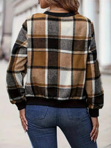 Plus Size Plaid Baseball Collar Zip Up Jacket - Trendsi - Flyclothing LLC