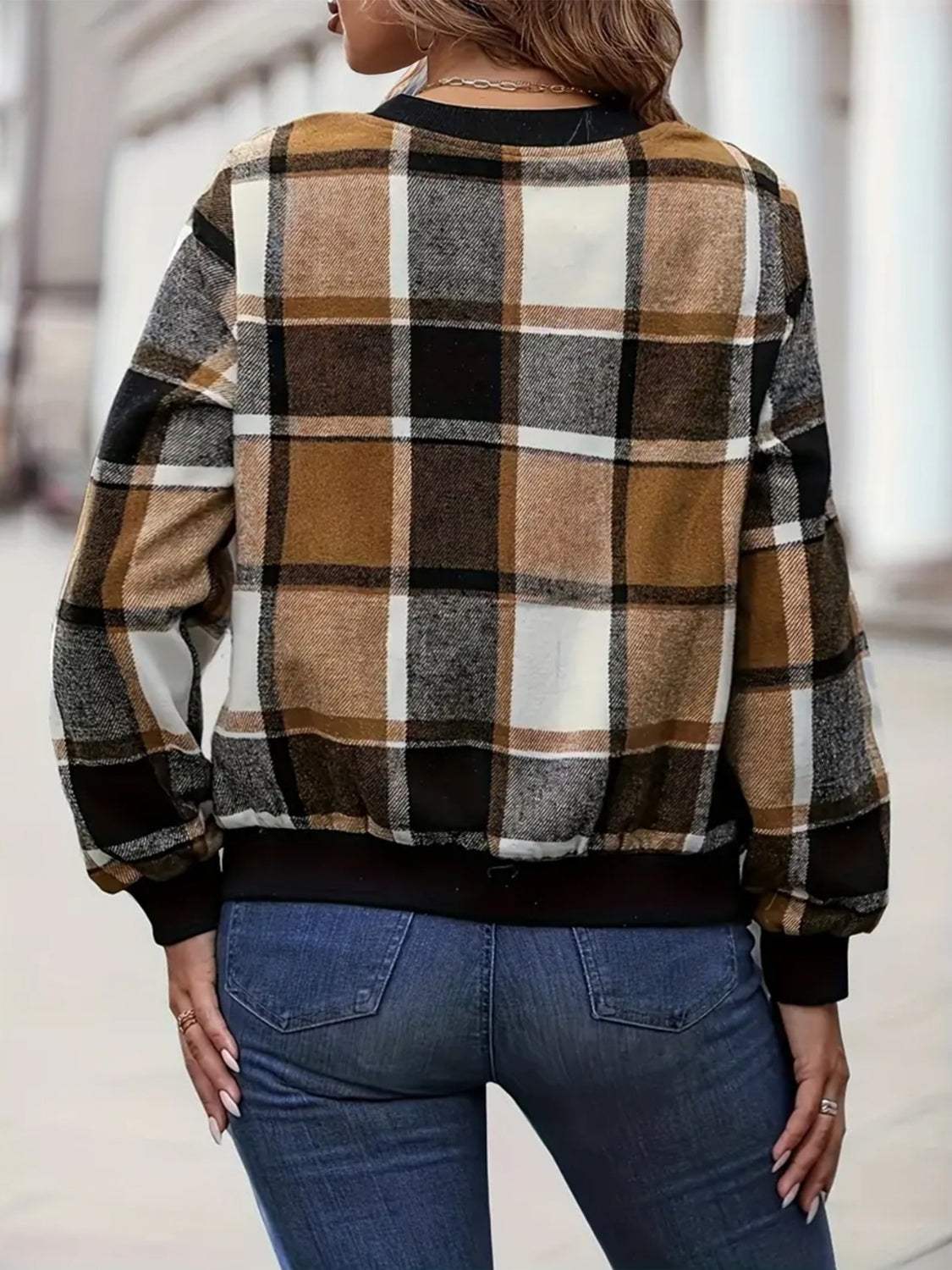 Plus Size Plaid Baseball Collar Zip Up Jacket - Trendsi - Flyclothing LLC