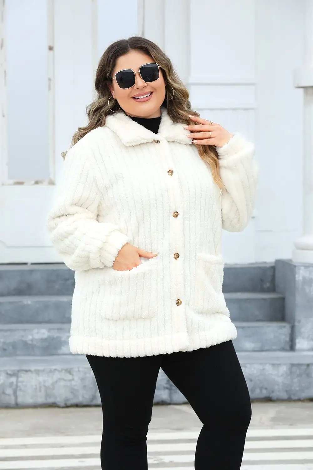 Plus Size Fuzzy Collared Neck Long Sleeve Jacket - Trendsi - Flyclothing LLC
