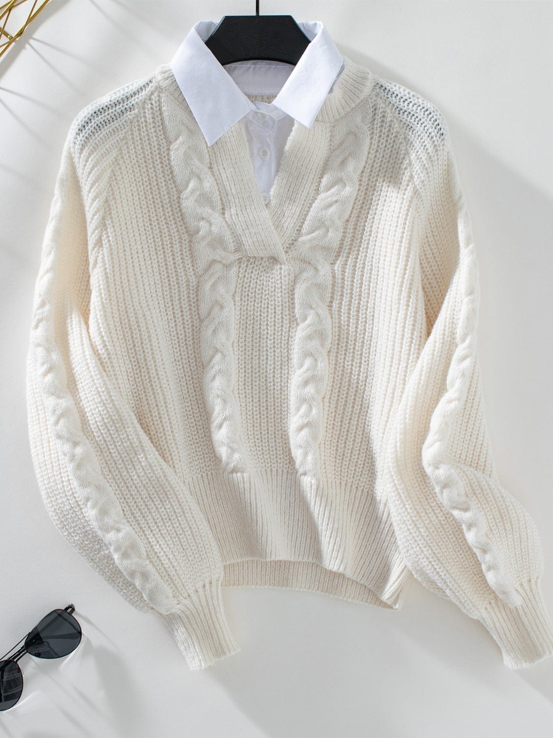 Cable-Knit Collared Neck Faux Layered Sweater - Trendsi