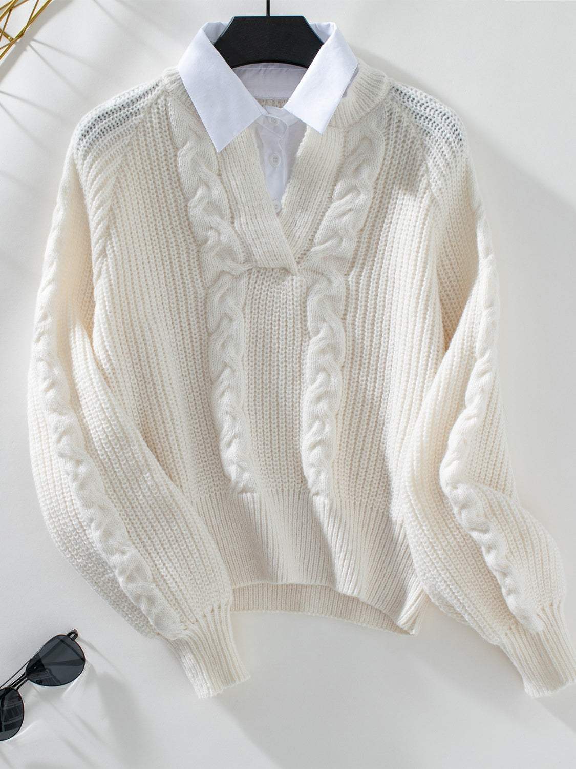 Cable-Knit Collared Neck Faux Layered Sweater - Trendsi - Flyclothing LLC