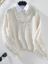 Cable-Knit Collared Neck Faux Layered Sweater - Trendsi - Flyclothing LLC