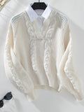 Cable-Knit Collared Neck Faux Layered Sweater - Trendsi