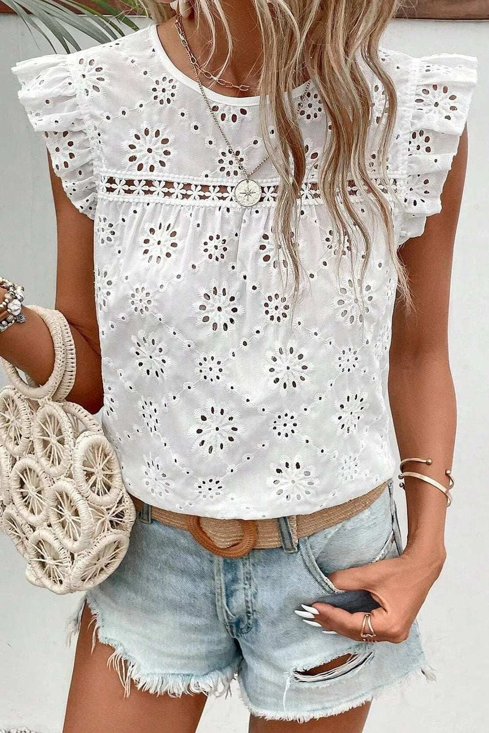 Eyelet Round Neck Cap Sleeve Blouse - Trendsi - Flyclothing LLC