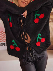 Tied Cherry Round Neck Long Sleeve Cardigan - Trendsi