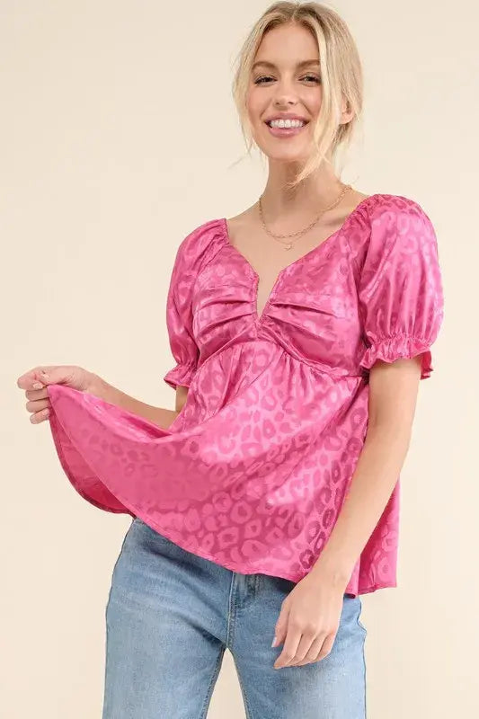 And The Why Satin Leopard V Wired Puff Sleeves Blouse - Trendsi - Flyclothing LLC
