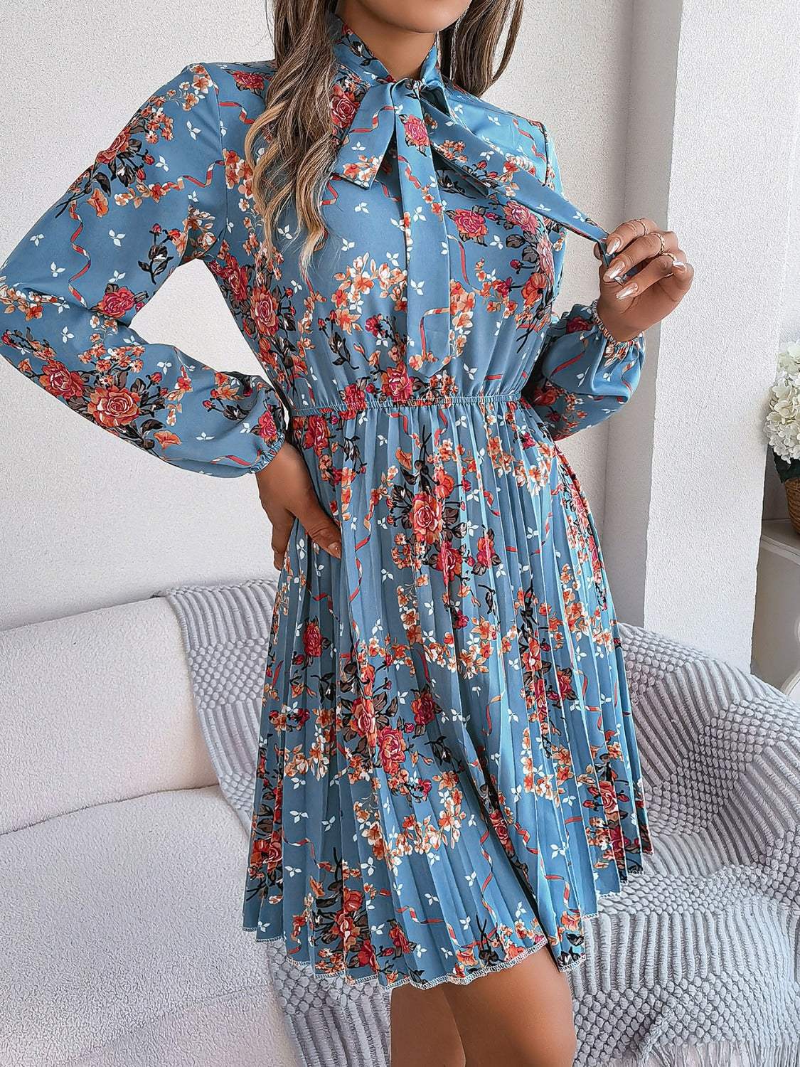 Pleated Printed Tie Neck Long Sleeve Dress - Trendsi - Flyclothing LLC