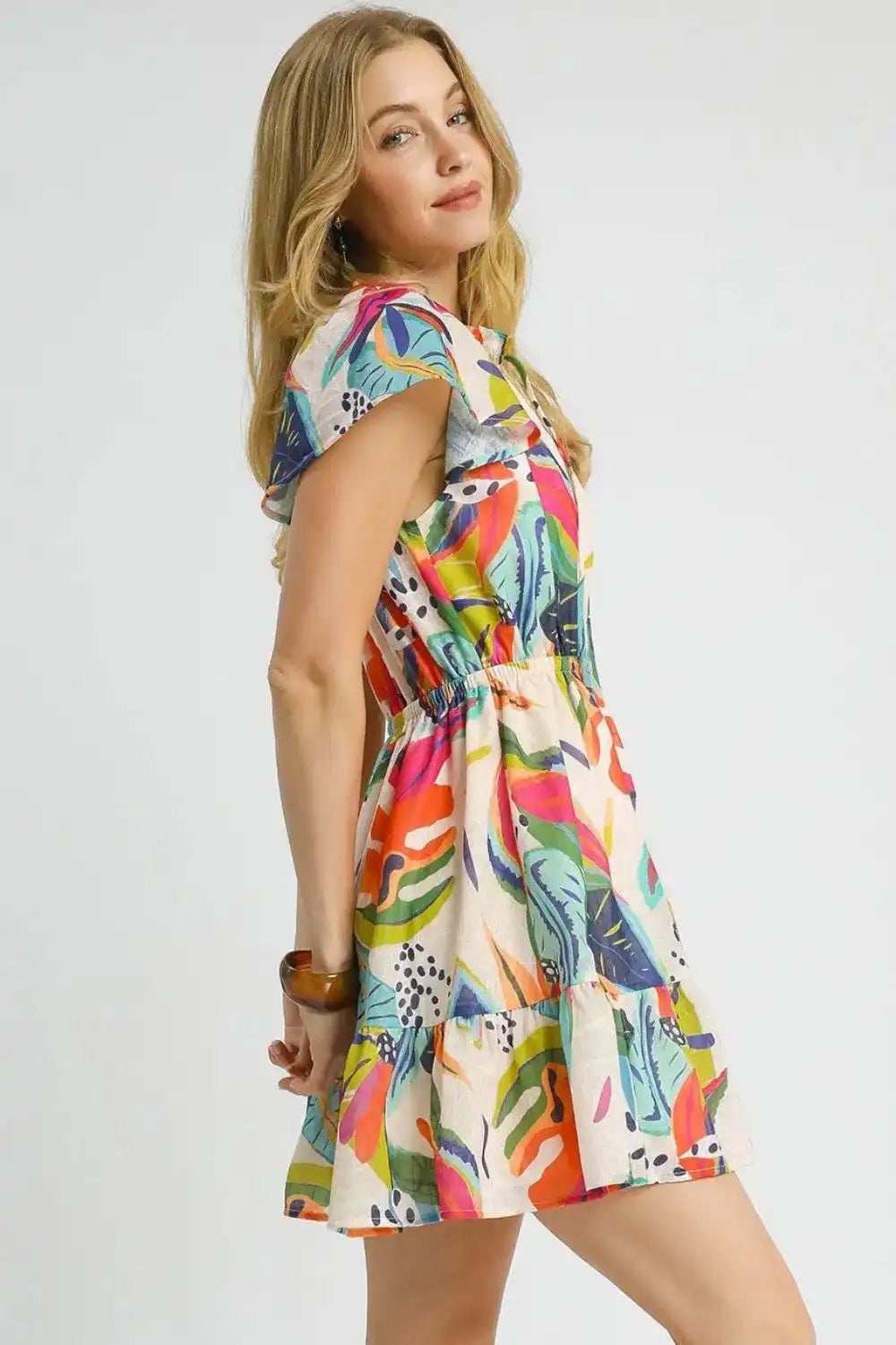 Umgee Printed Tie Neck Ruffled Hem Dress - Trendsi - Flyclothing LLC