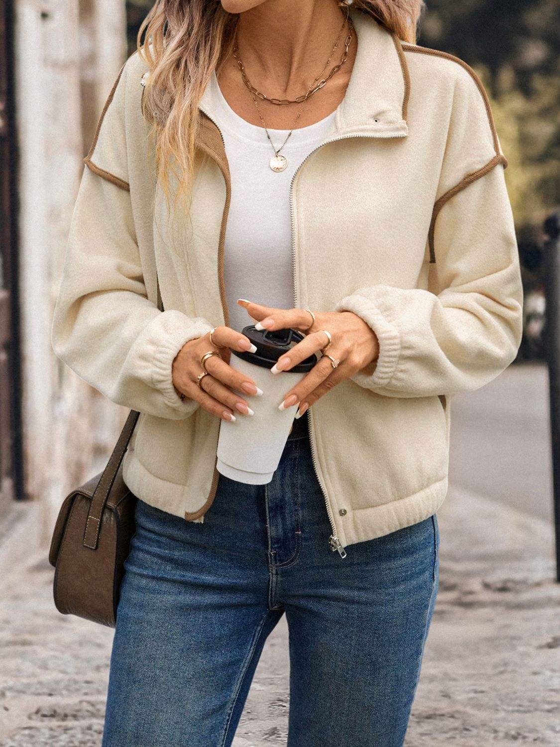 Perfee Zip Up Dropped Shoulder Polar Fleece Jacket - Trendsi - Flyclothing LLC