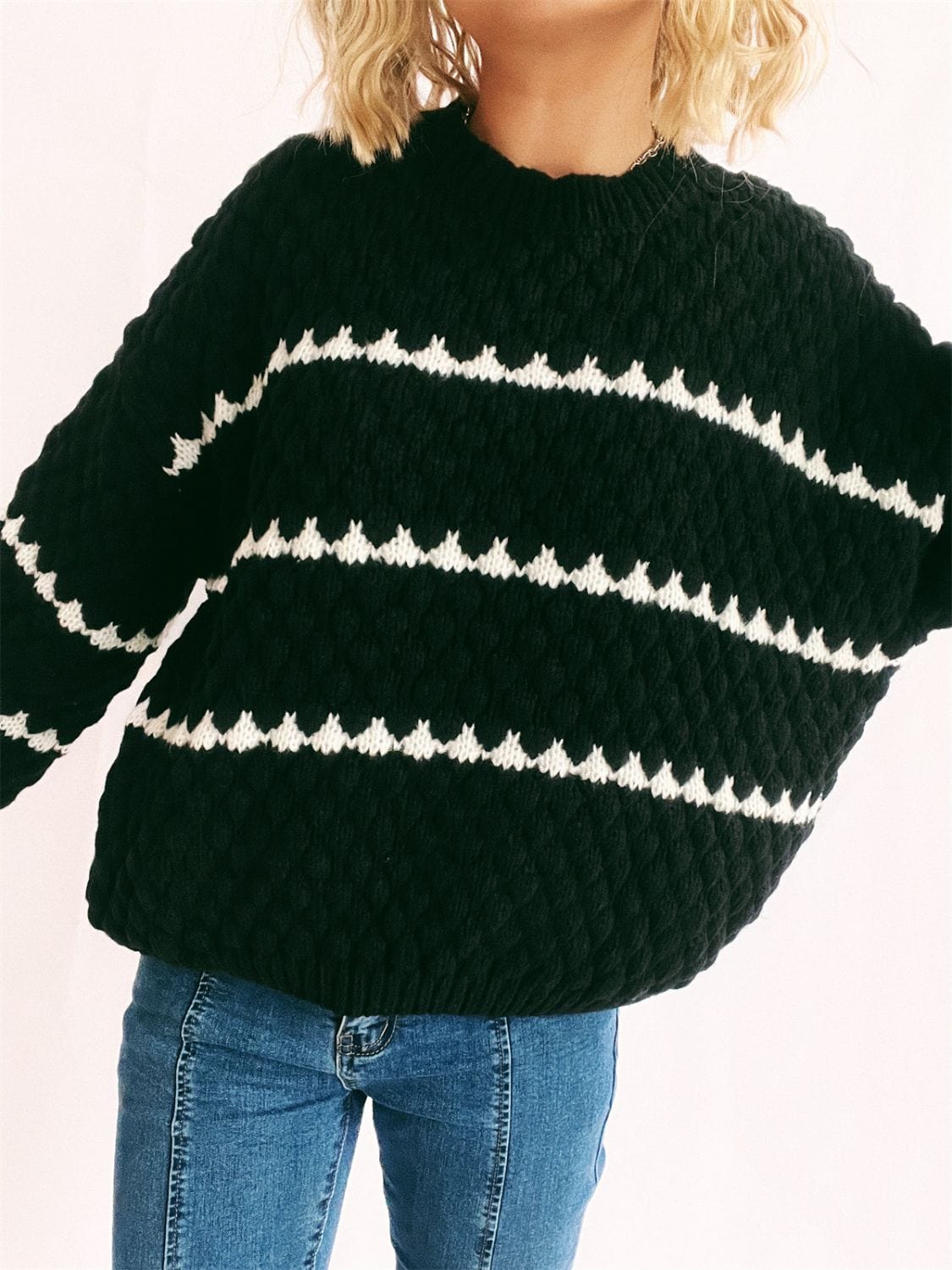 Contrast Stripes Round Neck Long Sleeve Sweater - Trendsi