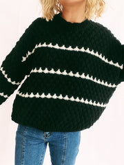 Contrast Stripes Round Neck Long Sleeve Sweater - Trendsi