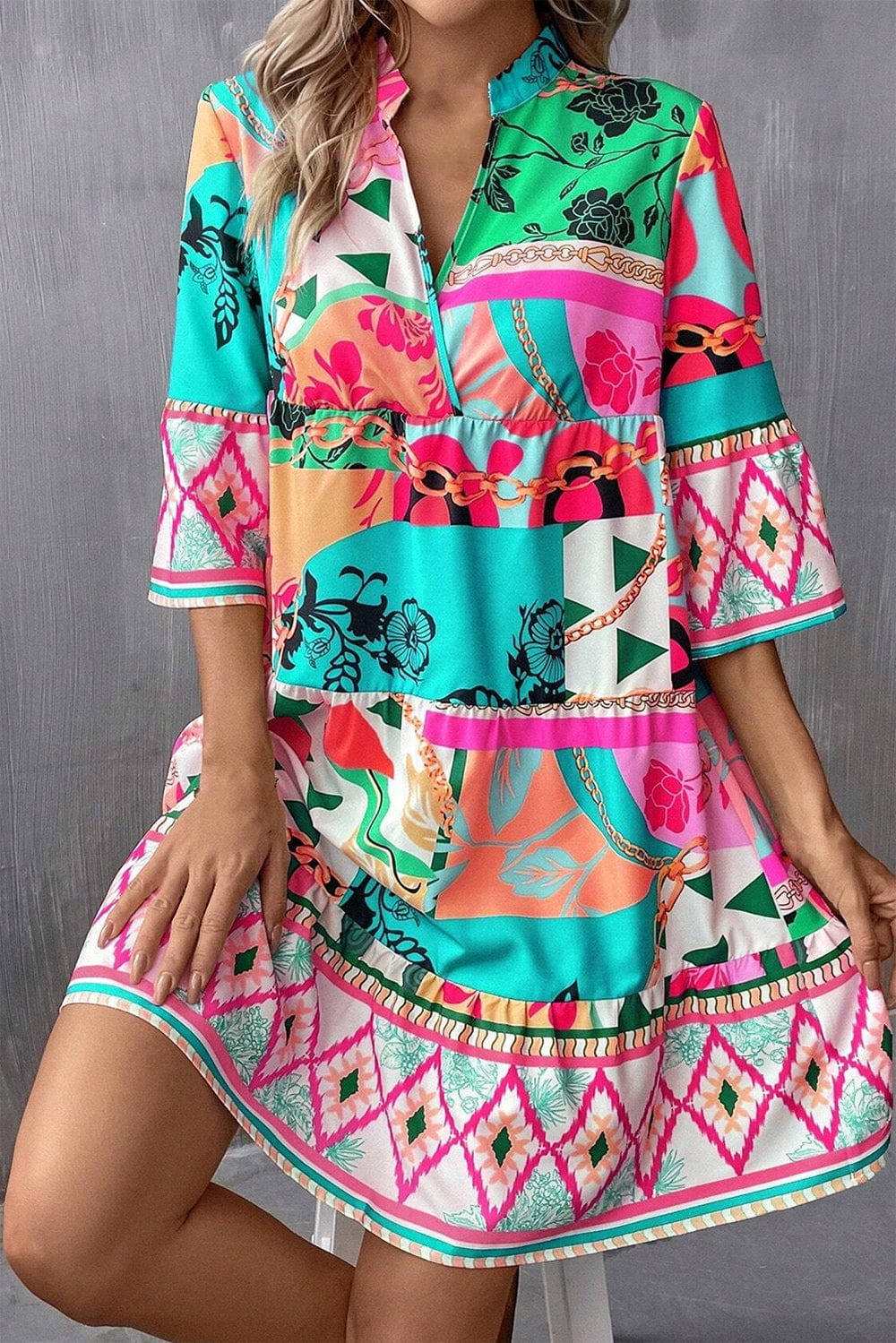 Printed Surplice Half Sleeve Mini Dress - Trendsi