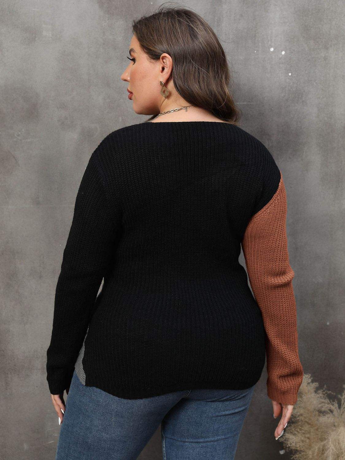 Plus Size Two-Tone Surplice Neck Sweater - Trendsi - Flyclothing LLC