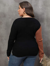 Plus Size Two-Tone Surplice Neck Sweater - Trendsi - Flyclothing LLC