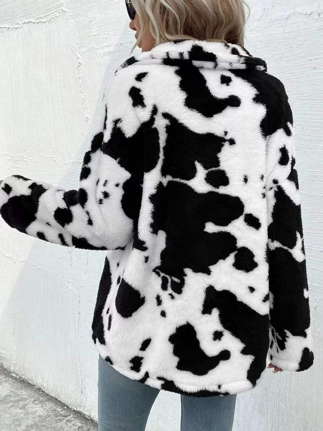 Cow Print Collared Neck Button Up Fuzzy Jacket - Trendsi - Flyclothing LLC