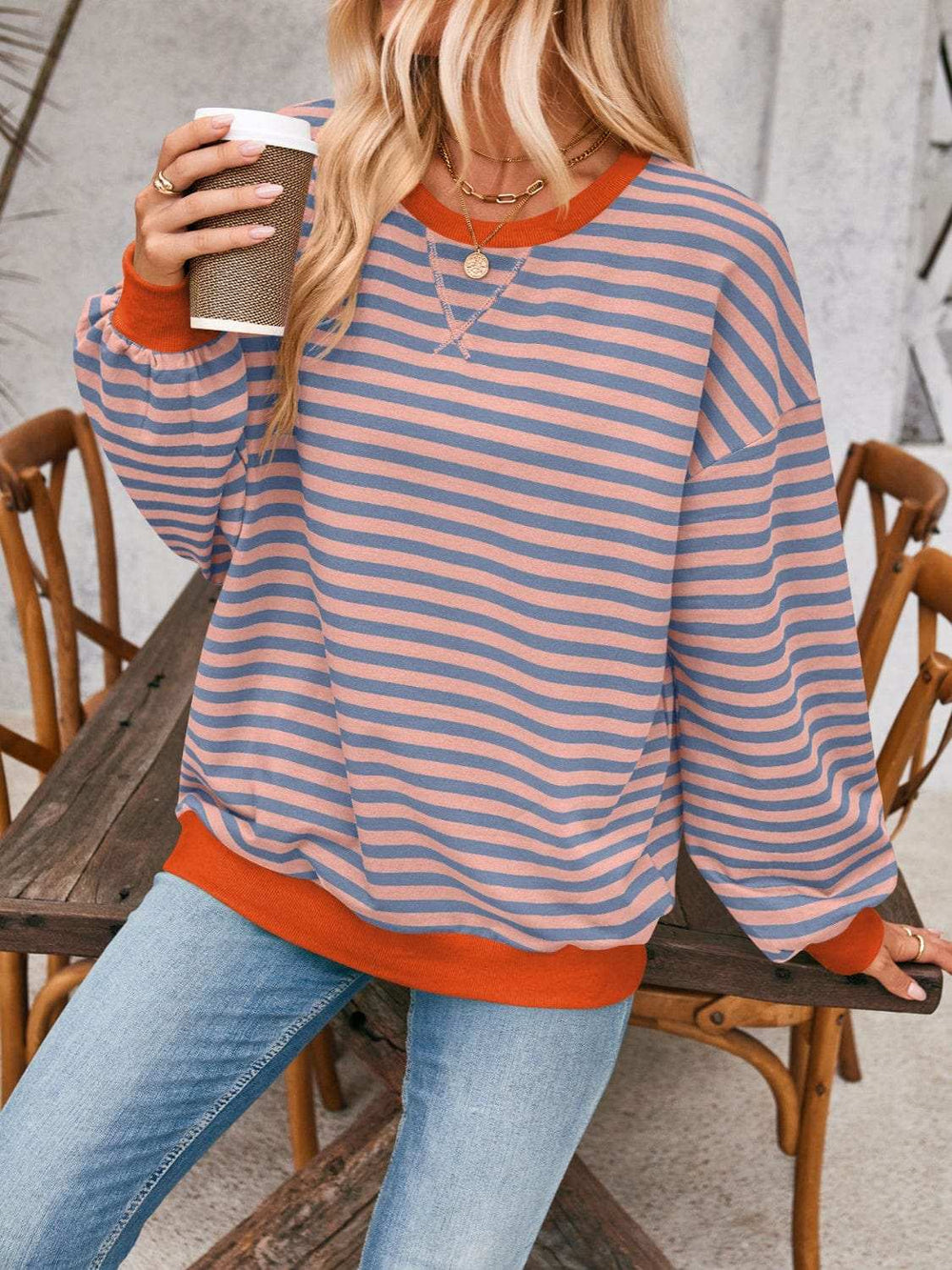 Contrast Striped Long Sleeve Sweatshirt - Trendsi - Flyclothing LLC