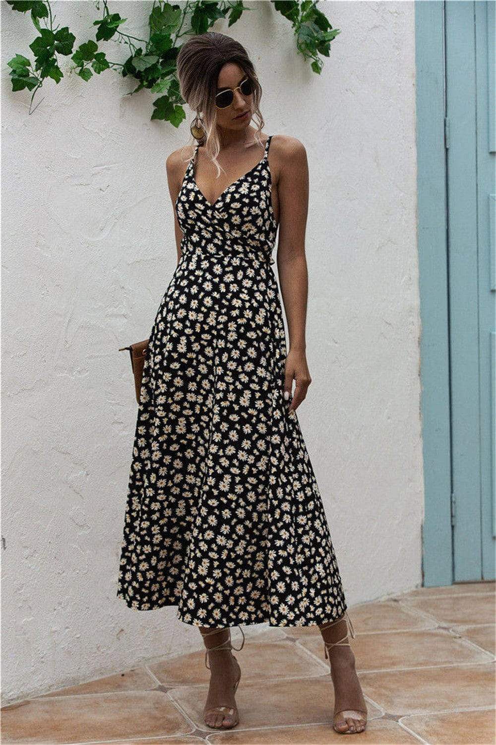Daisy Print Surplice Midi Cami Dress - Trendsi - Flyclothing LLC