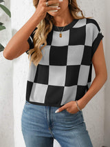 Mandy Checkered Round Neck Cap Sleeve Knit Top - Trendsi - Flyclothing LLC