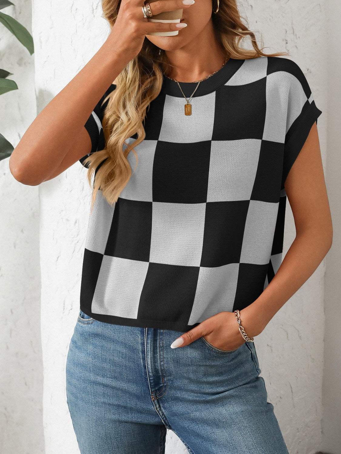 Mandy Checkered Round Neck Cap Sleeve Knit Top - Trendsi - Flyclothing LLC