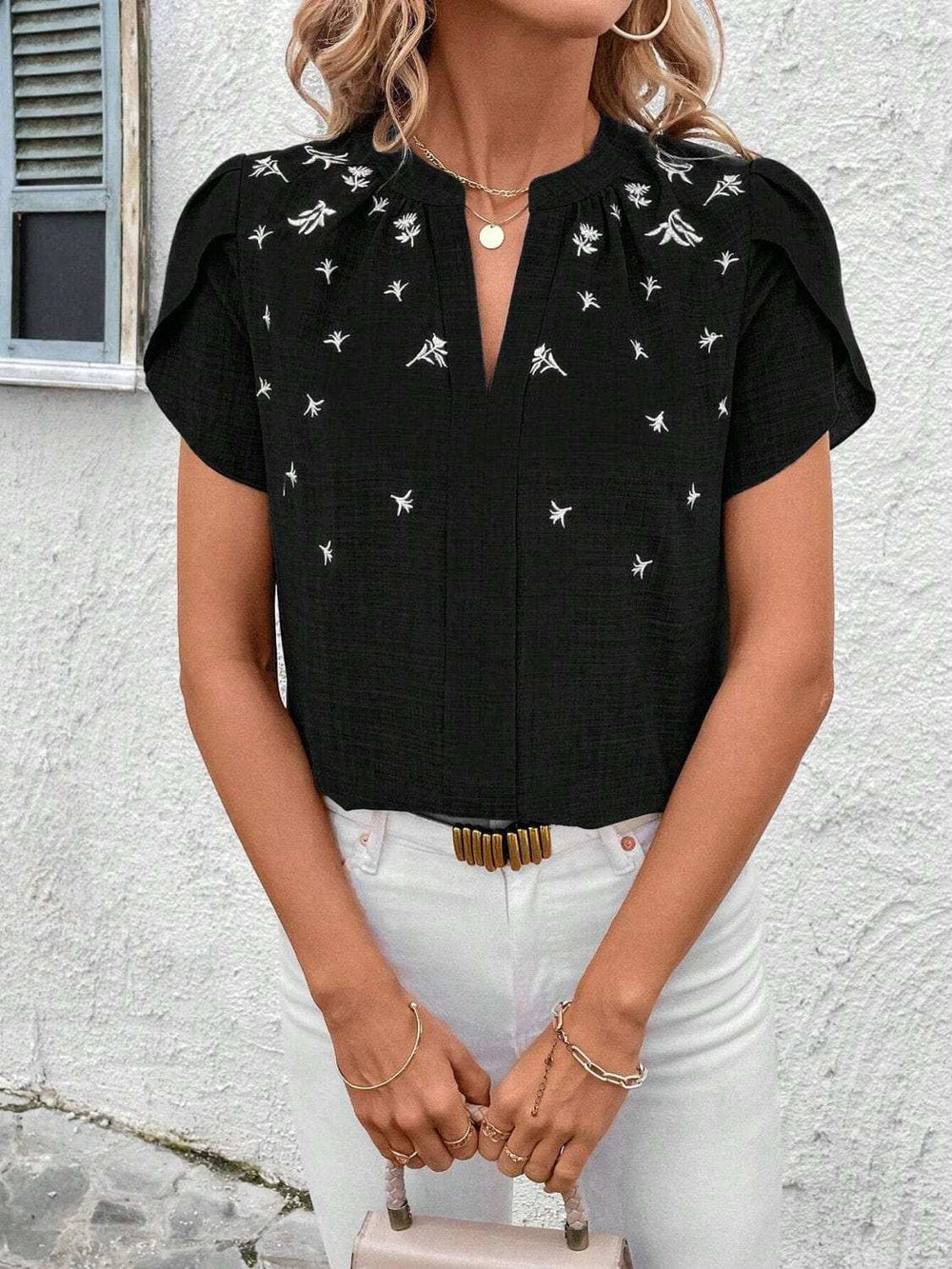 Floral Notched Short Sleeve Blouse - Trendsi - Flyclothing LLC