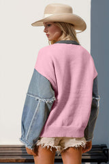 Double Take Full Size Star Pattern Raw Edge Long Sleeve Sweater - Trendsi - Flyclothing LLC