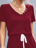 Casual V-Neck Short Sleeve Drawstring Waist Jumpsuit - Trendsi - Flyclothing LLC