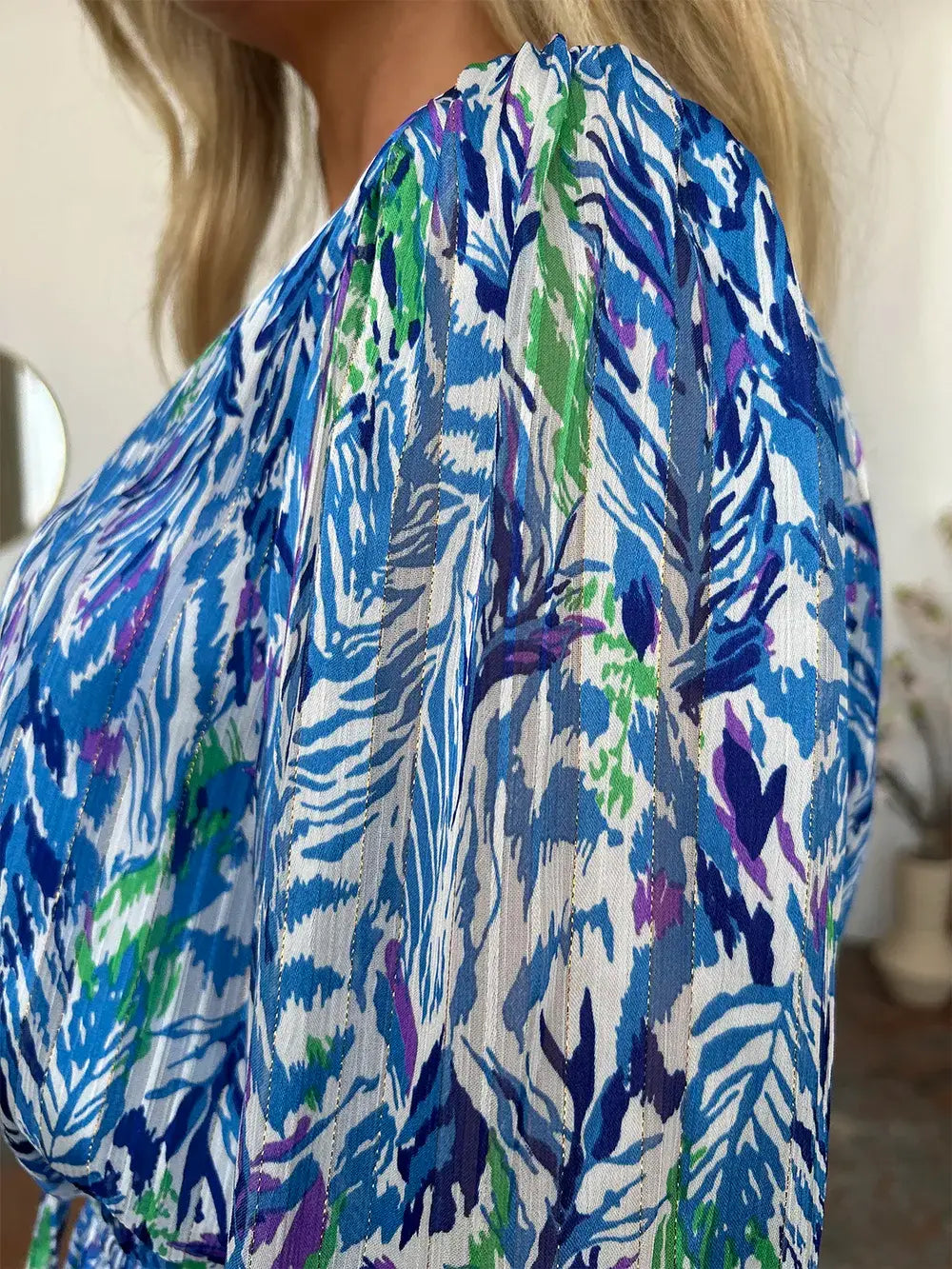 Double Take Full Size Printed Drawstring Waist Long Sleeve Dress - Trendsi - Flyclothing LLC