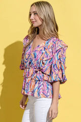 And The Why Printed Lantern Sleeve Blouse - Trendsi - Flyclothing LLC