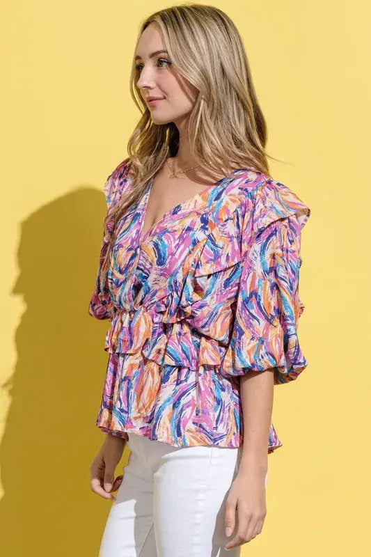 And The Why Printed Lantern Sleeve Blouse - Trendsi - Flyclothing LLC