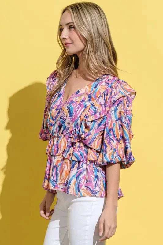 And The Why Printed Lantern Sleeve Blouse - Trendsi - Flyclothing LLC