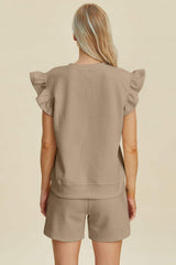 Double Take Full Size Texture Round Neck Ruffle Sleeve Top and Shorts Set - Trendsi - Flyclothing LLC